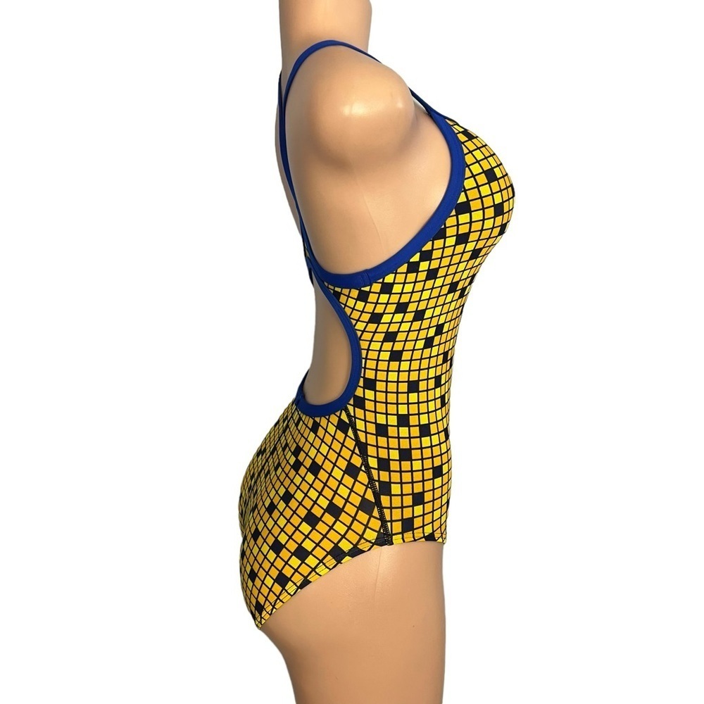 TYR Swimsuit One Piece Block Squares Yellow Black Open Back - Picture 4 of 13